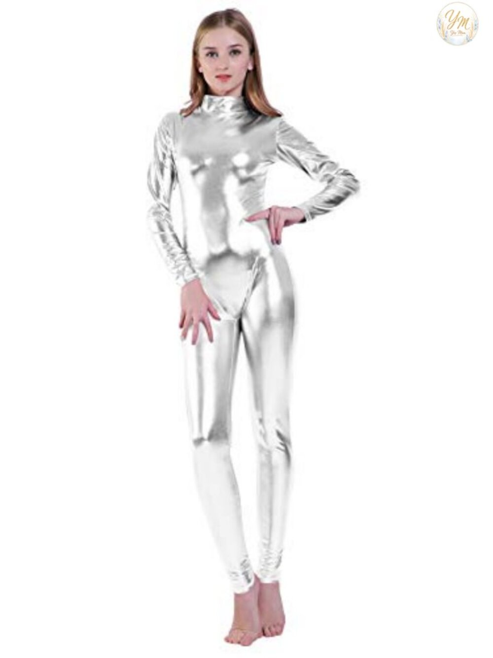 Shiny Metallic Unitard Turtleneck Long Sleeve Footless Zentai Catsuit Dancewear
